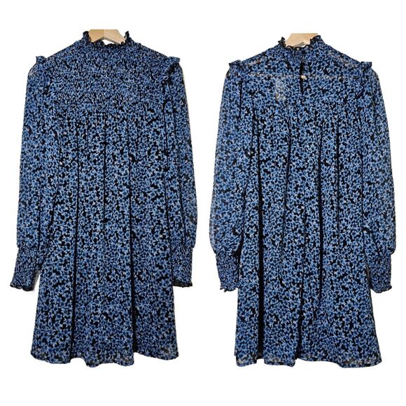 Mi Ami Francesca’s Black Blue Lucy Smocked Floral Ruffle Dress S NWT - Picture 1 of 14